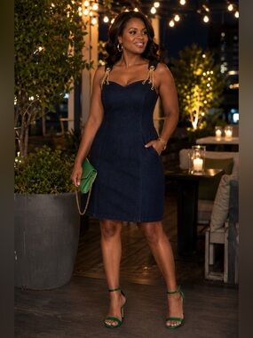 Midnight Velvet Dark Indigo Denim Mini Dress with Gold Chain Straps